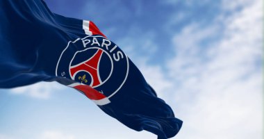 Paris, FR, 20 Temmuz 2023: Paris Saint Germain futbol kulübü açık bir günde el sallıyor. Paris merkezli Fransız profesyonel futbol kulübü. İllüstrasyon 3d illüstrasyon canlandırması. Seçici odak