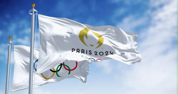 Παρίσι Σεπτεμβρίου 2023 Παρίσι 2024 Και Σημαίες Των Ολυμπιακών Αγώνων — Φωτογραφία Αρχείου