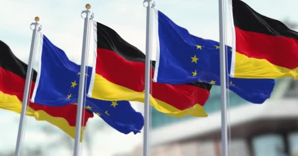 Прапори Німеччини Європейського Союзу Махали Вітром Ясний День Німеччина Стала — стокове відео