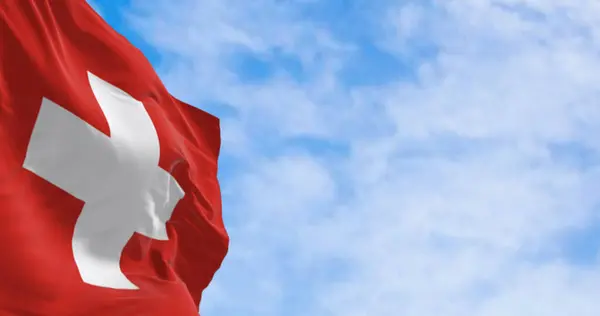 Switzerland National Flag Waving Wind Clear Day Red Background White — Stock Photo, Image