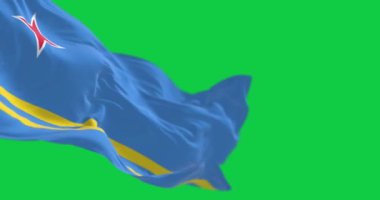 Yeşil arka planda 4 köşeli kırmızı yıldızlı Aruba bayrağı izole edildi. Yeşil arka planda izole edilmiş. Kusursuz 3D canlandırma animasyonu. Yeşil ekran. Krom anahtar. Yavaş çekim döngüsü. 4 bin. Seçici odak