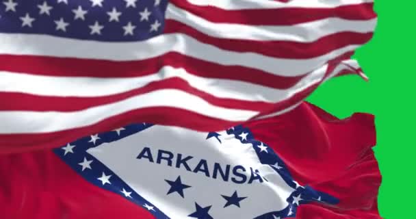 アーカンソー州旗はアメリカ合衆国の国旗を掲げ 緑の背景に孤立した シームレス3Dレンダリングアニメーション グリーン スクリーン クロマキー スローモーションループ 4Kについて 選択的なフォーカス — ストック動画
