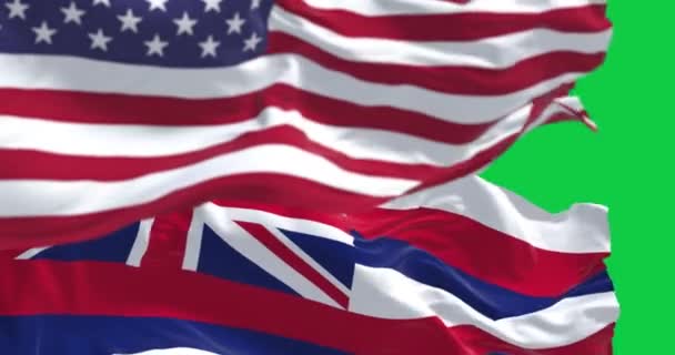 Hawaï Staat Vlag Zwaaien Met Amerikaanse Vlag Geïsoleerd Groene Achtergrond — Stockvideo