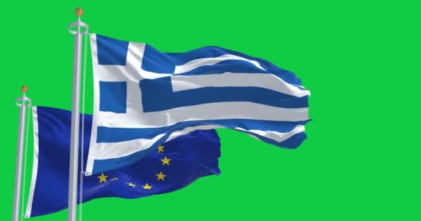 Bandiere Della Grecia Dell Unione Europea Sventolano Insieme Isolate Sfondo — Video Stock