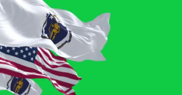 Massachusetts Americká Vlajka Vlající Větru Izolované Zeleném Pozadí Bezproblémová Vykreslování — Stock video