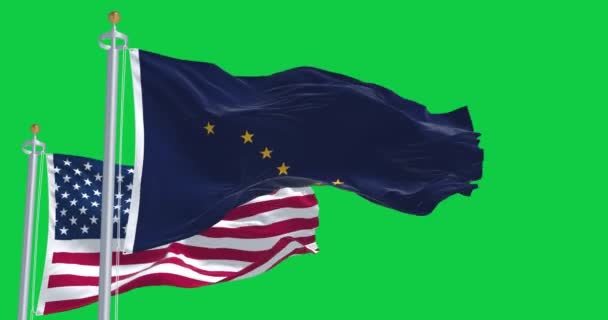 阿拉斯加州的国旗飘扬在美国国旗上 与绿色背景隔离开来 无缝3D渲染动画 绿色屏幕 慢动作回圈4K — 图库视频影像