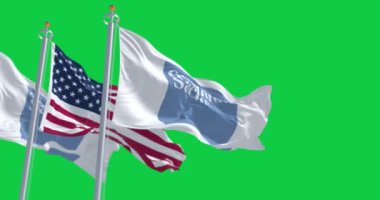 New York, ABD, Ağustos 12023 Goldman Sachs banka bayrağı ve yeşil arka planda dalgalanan Amerikan bayrağı. Kusursuz 3D canlandırma animasyonu. Yeşil ekran. Krom anahtar. Yavaş çekim döngüsü. 4 bin. Seçici odak
