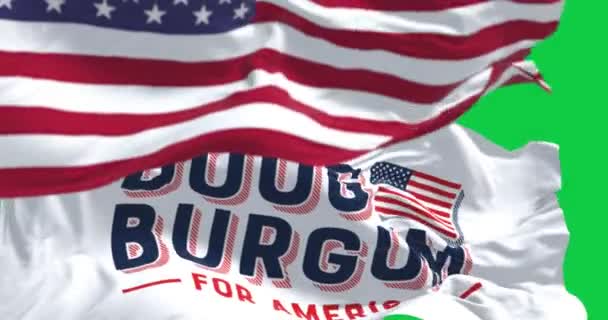 Arthut June 2023 Doug Burgum Σημαία Και Αμερικανική Σημαία Κυματίζει — Αρχείο Βίντεο