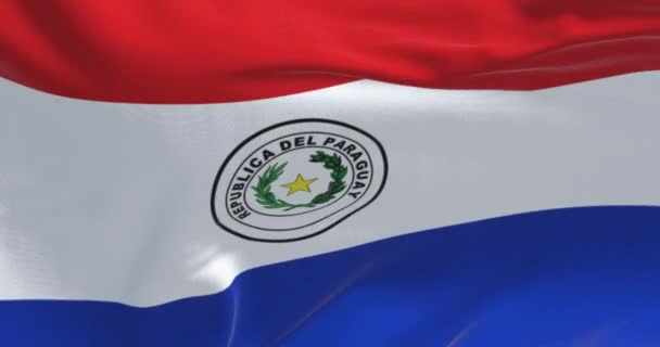 Primer Plano Bandera Paraguay Ondeando Tres Bandas Horizontales Iguales Rojo — Vídeo de stock