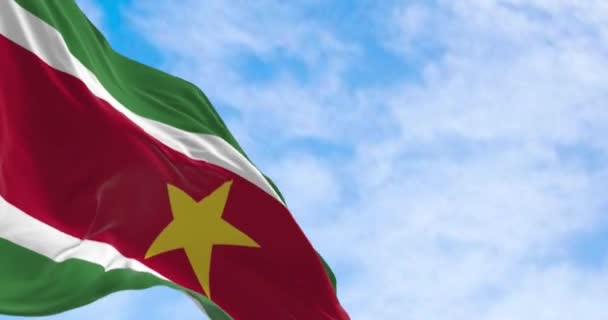 Bandera Nacional Surinam Ondeando Día Despejado Bandas Horizontales Verde Blanco — Vídeo de stock