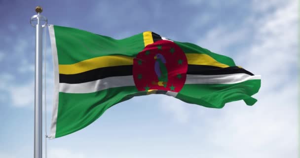 多明尼加国旗在晴朗的日子飘扬 一个黄 白相间的交叉 一个红色圆盘 上面有紫色的西塞罗鹦鹉和十个绿星 无缝3D渲染动画 慢动作回圈4K — 图库视频影像