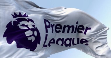 Londra, İngiltere, Nisan 2023: Premier Lig bayrağı rüzgarda dalgalanıyor. Premier League, İngiliz futbol ligi sisteminin en üst seviyesidir. Resimli 3d illüstrasyon oluşturucu