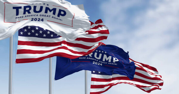 Arlington, US, march 22 2023: Donald Trump 2024 presidential campaign flags waving with american flags waving together. 2024 US presidential election. Illustrative editorial 3d illustration render
