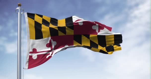 Bandera Del Estado Maryland Ondeando Día Despejado Cuatro Cuadrantes Con — Vídeo de stock