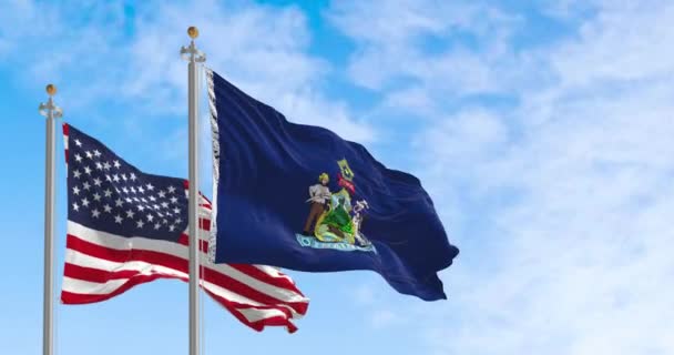 メイン州旗とアメリカ国旗は晴れた日に風を振る アメリカ合衆国北東部のニューイングランド州 シームレス3Dレンダリングアニメーション スローモーションループ 4Kについて — ストック動画
