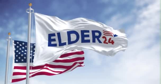 2023年6月20日 アメリカ合衆国ジャージーシティ ラリー エルダー2024年大統領選挙旗がアメリカ国旗を掲げた シームレス3Dレンダリングアニメーション スローモーションループ 4Kについて 2024年アメリカ合衆国大統領選挙 — ストック動画
