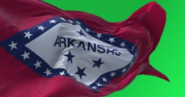 Arkansas eyalet bayrağı yeşil arka planda dalgalanıyor. Kusursuz 3D canlandırma animasyonu. Yeşil ekran. Krom anahtar. Yavaş çekim döngüsü. 4K