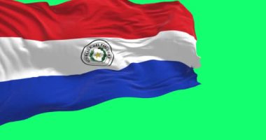Yeşil arka planda Paraguay bayrağı sallanıyor. Kusursuz 3D canlandırma animasyonu. Yeşil ekran. Krom anahtar. Yavaş çekim döngüsü. 4K