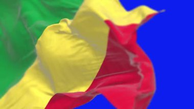 Kongo Cumhuriyeti ulusal bayrağı mavi arka planda yalıtılmış bir şekilde dalgalandırıyor. Kusursuz 3D canlandırma animasyonu. Mavi ekran. Krom anahtar. Yavaş çekim döngüsü. 4 bin. Seçici odak