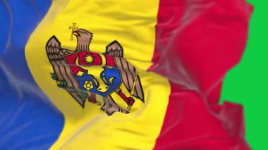 Moldova ulusal bayrağının rüzgarda dalgalanmasına yakından bakın. Doğu Avrupa ülkesi. Kusursuz 3D canlandırma animasyonu. Krom anahtar. Alfa kanalı. Yavaş çekim döngüsü. 4K