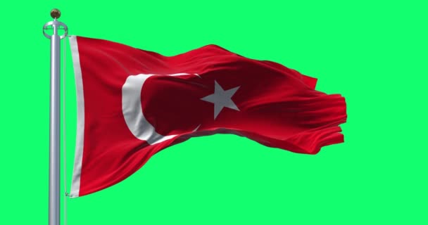 Die Türkische Nationalflagge Weht Vereinzelt Auf Grünem Hintergrund Rote Fahne — Stockvideo