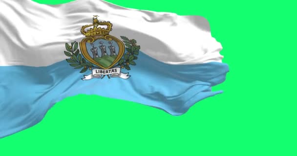 圣马力诺国旗在与绿色背景隔离的风中飘扬 无缝3D渲染动画 阿尔法频道慢动作回圈4K — 图库视频影像