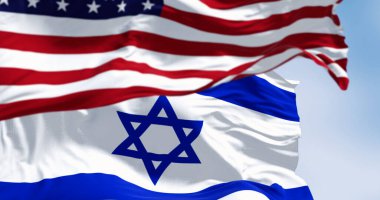 Amerikan bayrağıyla dalgalanan İsrail bayrağı. Birleşik Devletler ve İsrail 'in güçlü bir ortaklığı var. 3D illüstrasyon canlandırıcı. Dalgalanan kumaş
