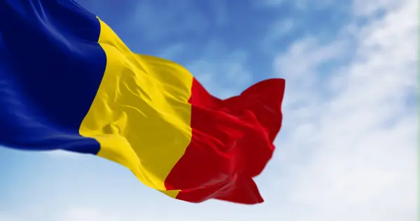 Romania National Flag Waving Wind Clear Day Three Vertical Stripes — Stock Photo, Image