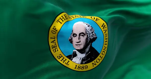 Close-up of Washington state flag waving. Dark green field with a seal showing the picture of George Washington in the middle. 3d illustration render. Textured background. Rippling fabric