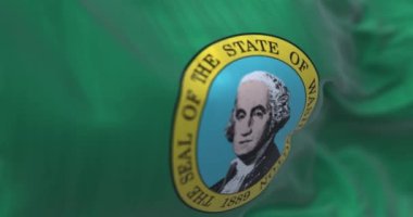 Washington eyaleti bayrağını dalgalandırıyor. Üzerinde bir mühür olan koyu yeşil alan ortada George Washington 'ın resmini gösteriyor. Kusursuz 3 boyutlu animasyon. Yavaş çekim döngüsü. Seçici odaklanma. 4k