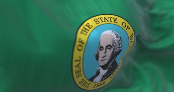 Primer Plano Bandera Del Estado Washington Ondeando Campo Verde Oscuro — Vídeos de Stock