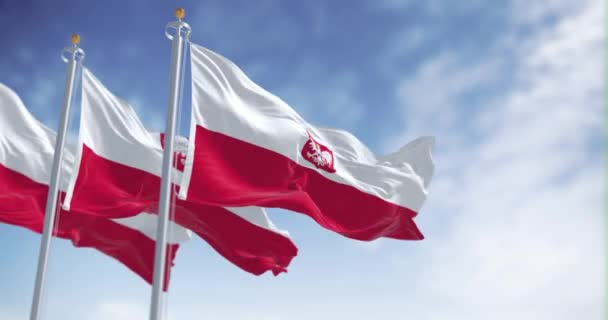 Три Национальных Флага Польши Размахивающих Ветру Ясный День Две Горизонтальные — стоковое видео