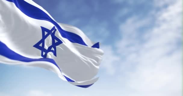Flaga Państwa Izrael Macha Pogodny Dzień Niebieska Gwiazda Dawida Środku — Wideo stockowe