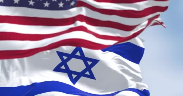 Bandera Nacional Del Estado Israel Ondeando Viento Con Bandera Estadounidense — Vídeos de Stock