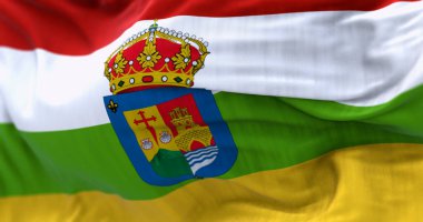 La Rioja bayrağının yakın çekimi. İspanya Özerk Topluluğu. Kırmızı, beyaz, yeşil ve sarı kollu bantlar. 3D illüstrasyon canlandırıcı. Seçici odaklanma. Dalgalanan kumaş. Desenli arkaplan