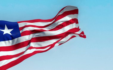 Liberya 'nın ulusal bayrağı açık havada dalgalanıyor. Renk değiştiren kırmızı ve beyaz yatay çizgiler ve kantondaki mavi karede beyaz bir yıldız. 3D illüstrasyon canlandırıcı. Dalgalanan kumaş