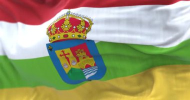 La Rioja bayrağının yakın çekimi. İspanya Özerk Topluluğu. Kırmızı, beyaz, yeşil ve sarı kollu bantlar. Kusursuz 3D canlandırma döngüsü. Ağır çekim. Seçici odak