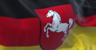 Aşağı Saksonya eyaleti bayrağının yakın çekimi. Siyah, kırmızı ve sarı çizgili, ortasında armalar olan. Alman devleti. Kusursuz 3D canlandırma döngüsü. Ağır çekim. Seçici odak