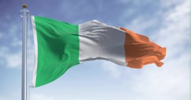 Açık bir günde İrlanda bayrağı rüzgarda sallanıyor. Yeşil, beyaz ve turuncunun dikey üç rengi. Avrupa Birliği devlet üyesi. Kusursuz 3D canlandırma döngüsü. Ağır çekim. Seçici odak