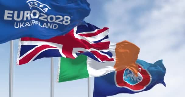 Nyon Outubro 2023 Bandeiras Uefa Reino Unido Irlanda Euro 2028 — Vídeo de Stock
