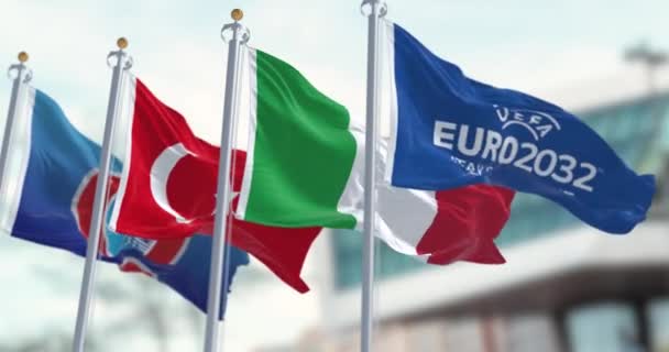 Ньон Октября 2023 Года Развеваются Флаги Уефа Турции Италии Юар — стоковое видео