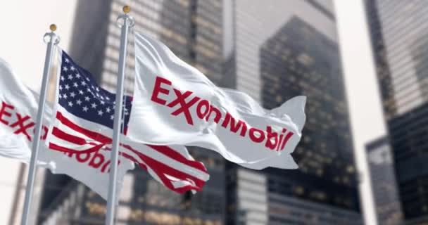 Primavera Octubre 2023 Exxonmobil Banderas Estadounidenses Ondeando Distrito Financiero Corporación — Vídeo de stock