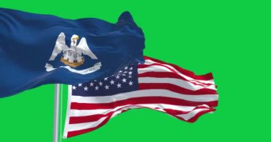 Louisiana eyalet bayrağı yeşil ekranda ABD bayrağıyla dalgalanıyor. Kusursuz 3D canlandırma animasyonu. Yeşil ekran. Krom anahtar. Yavaş çekim döngüsü. 4K