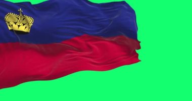 Lihtenştayn ulusal bayrağı yeşil arka planda dalgalanıyor. Kusursuz 3D canlandırma animasyonu. Yeşil ekran. Krom anahtar. Yavaş çekim döngüsü. 4K