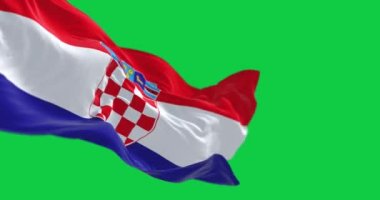 Hırvatistan 'ın ulusal bayrağı yeşil arka planda dalgalanıyor. Kusursuz 3D canlandırma animasyonu. Yeşil ekran. Krom anahtar. Yavaş çekim döngüsü. 4 bin. Seçici odak