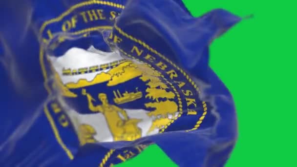 内布拉斯加州国旗飘扬的特写 国旗是蓝色的 中央有国徽 无缝3D渲染动画 绿色屏幕 慢动作回圈4K 有选择的重点 — 图库视频影像