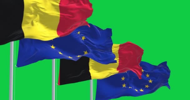 Флаги Бельгии Европейского Союза Машут Зеленом Фоне Бесшовная Анимация Зеленый — стоковое видео