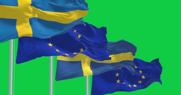瑞典和欧盟的旗帜在绿色背景下摇曳在一起 无缝3D渲染动画 绿色屏幕 慢动作回圈4K 有选择的重点 — 图库视频影像