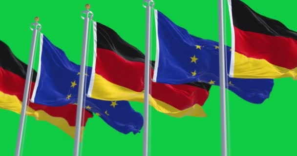 Прапори Німеччини Європейського Союзу Махають Вітром Зеленому Тлі Безшовна Анімація — стокове відео