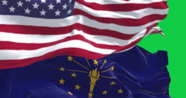Indiana Állam Zászló Lengett Nemzeti Zászló Egyesült Államok Zöld Háttérrel — Stock videók